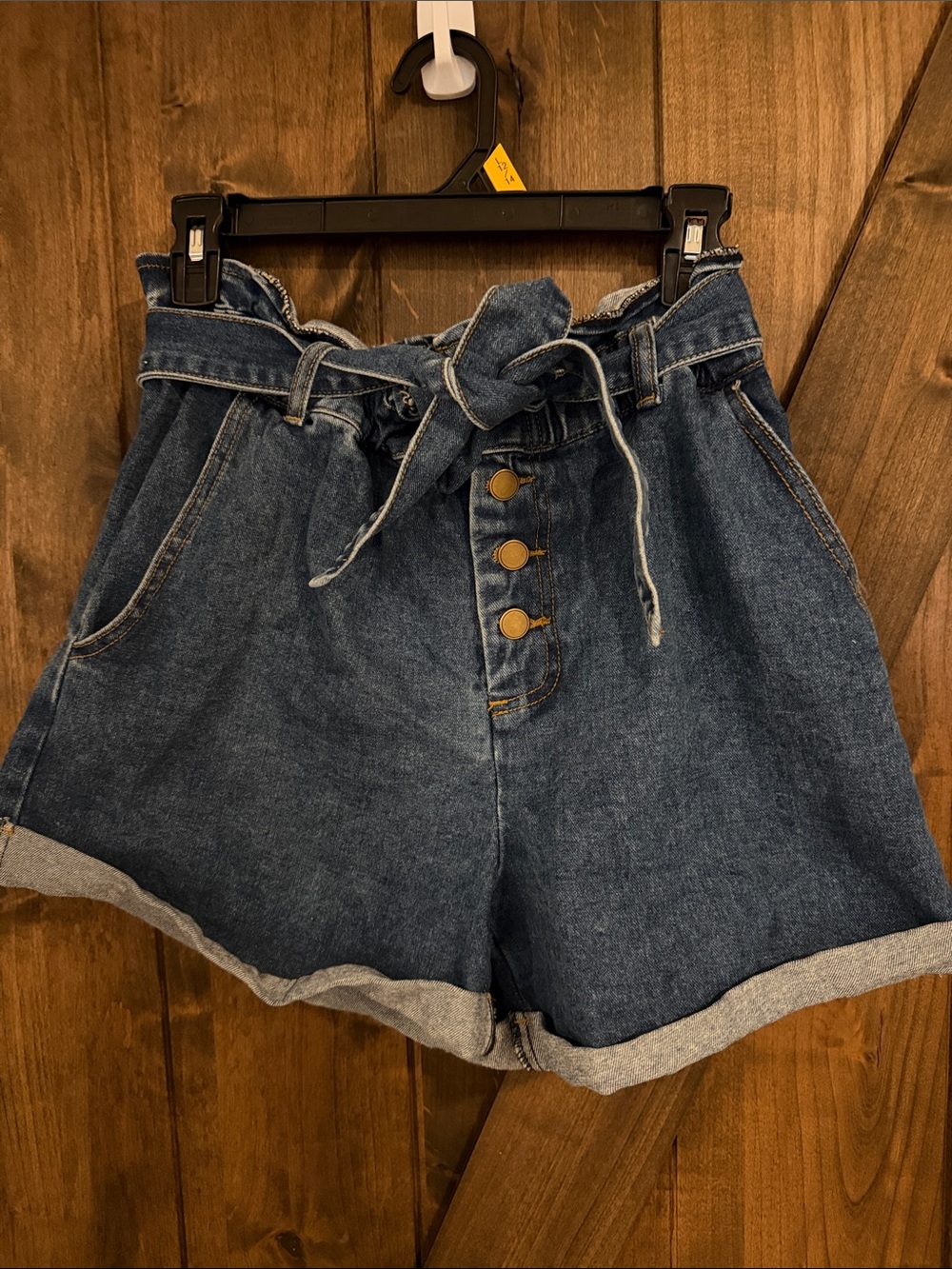 High-Waist Tie-Belt Denim Shorts in Dark Blue